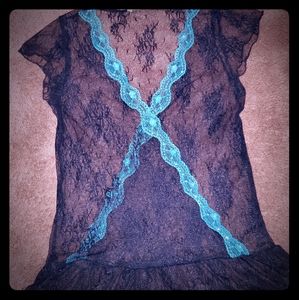 《3/$20》Monteau Turquoise and Black Sheer Lace Top